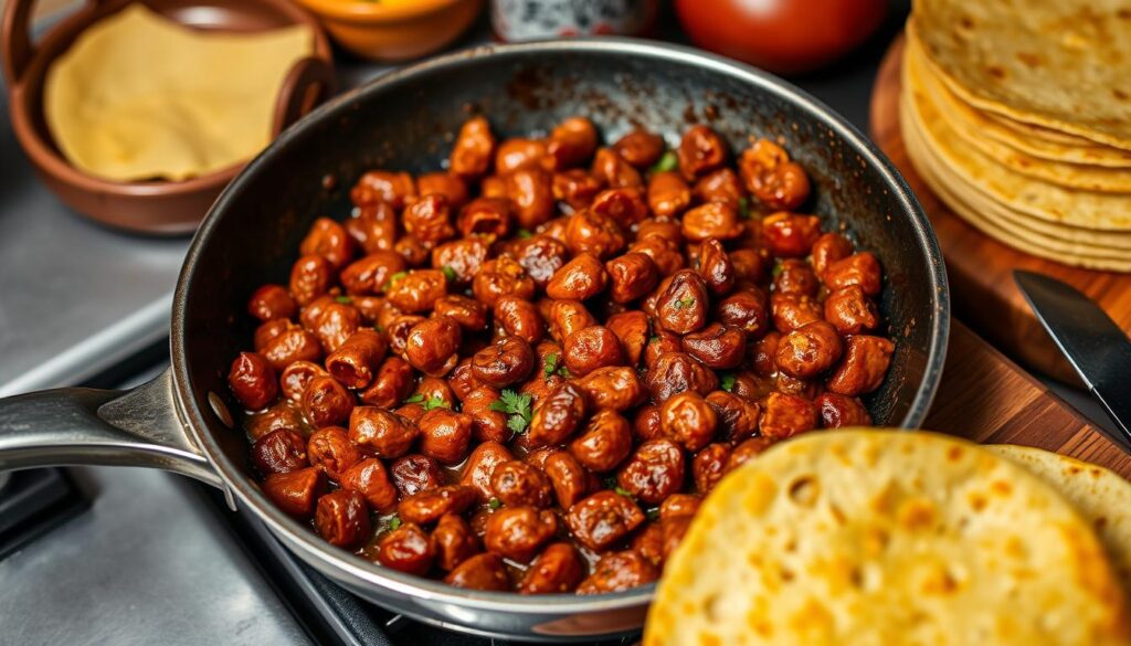 Cooking chorizo and preparing corn tortillas for taco assembly